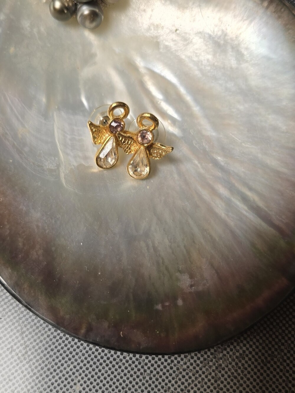 Kawaii Gold Angel Wing Crystal Drop Earrings